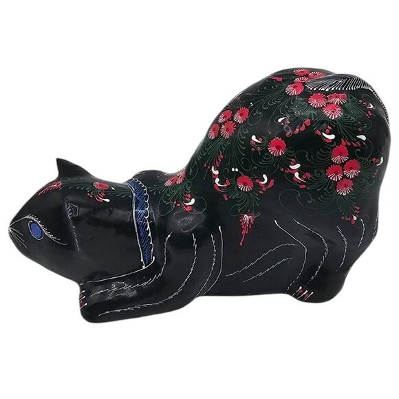 Vintage 1990s Thai Lacquered Mango Wood Hand Painted Cat Stretching Black Floral - Picture 1 of 6